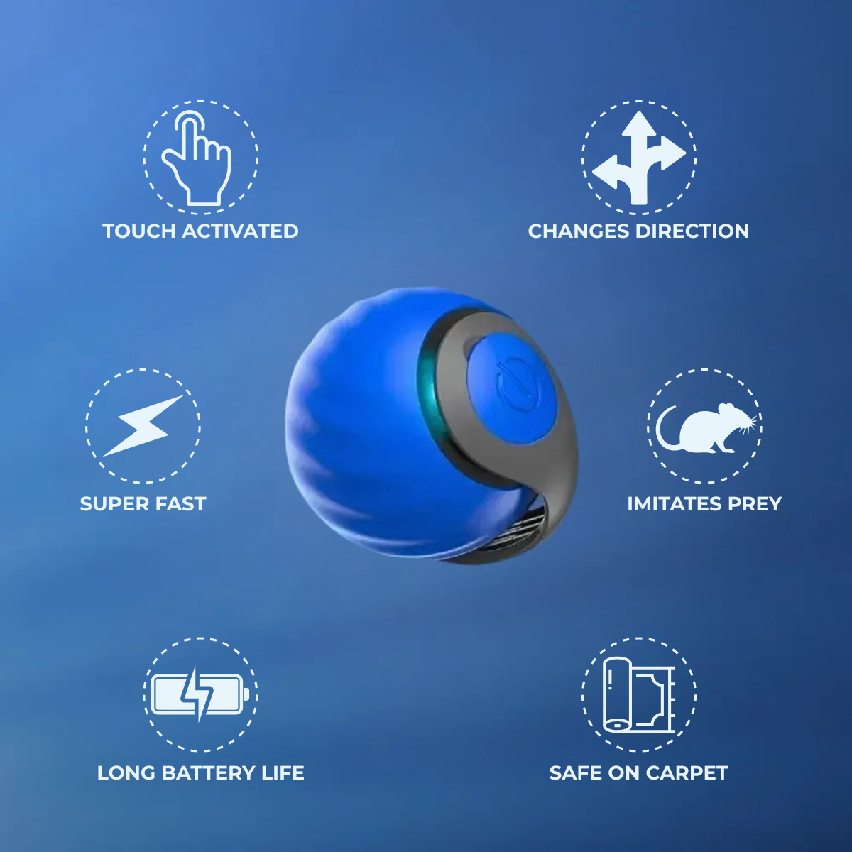 Zoomie Tail automatic touch-activated cat ball that changes direction, imitates prey, and moves super fast. Features long battery life and is safe to use on carpet for interactive playtime.